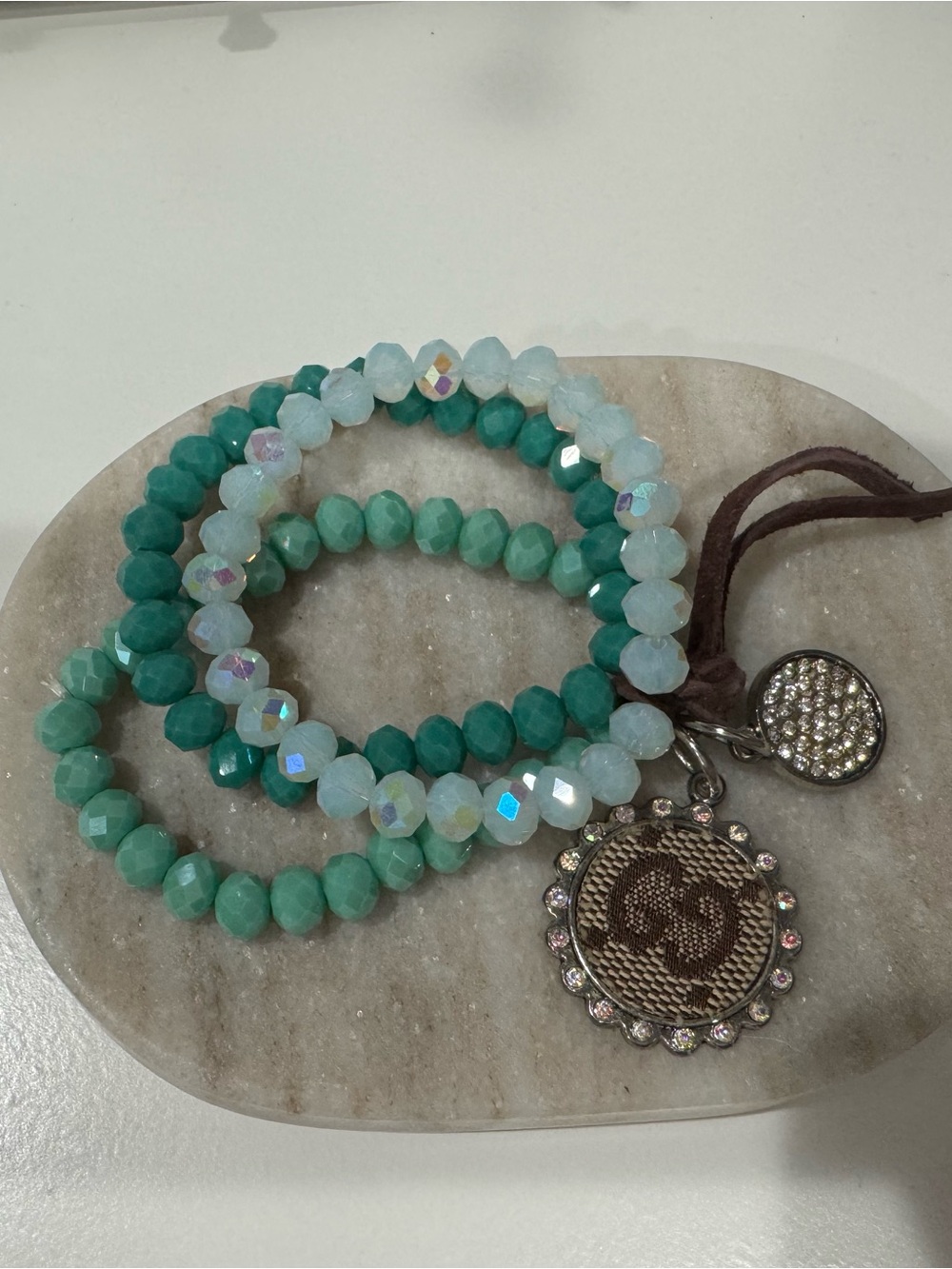 Crystal Bead Stretch Bracelet Set with Logo Charm - Green and Iridescent